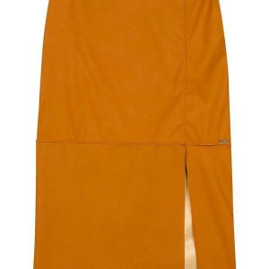 Saia Midi Feminina Resinada com Fenda Marrom