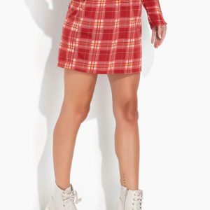 Saia Xadrez Vermelho com Bolsos Funcionais