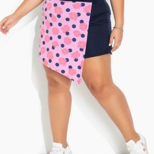 Short-Saia Azul e Floral Sobreposição Plus Size