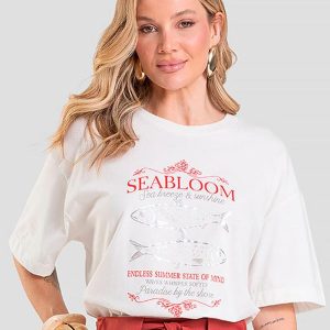 T- Shirt Oversized Feminina Estampada Bege