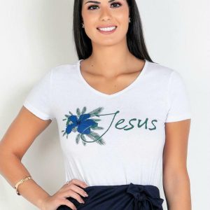 T-Shirt com Estampa Frontal e Decote V Branca