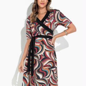 Vestido Abstrato Nude com Faixa