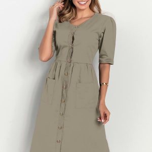 Vestido Bege com Bolsos