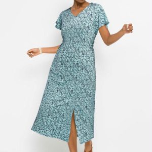 Vestido Decote V Manga Curta Floral Azul