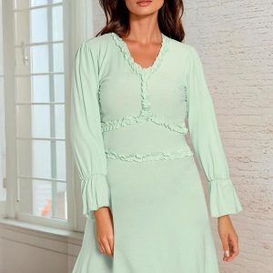 Vestido Decote V Manga Longa Verde