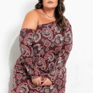 Vestido Étnico Bordô Assimétrico Plus Size