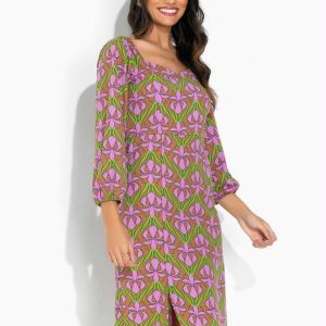 Vestido Flora Retrô Roxo com Recortes e Fenda