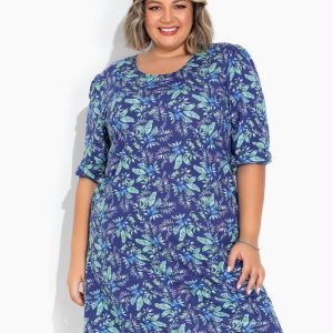 Vestido Floral Azul com Manga Bufante Plus Size