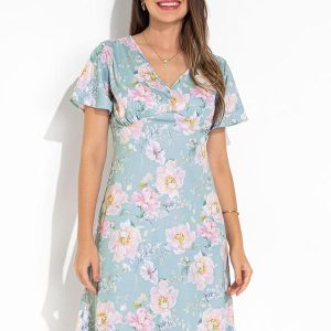 Vestido Floral Azul em Jersey Acetinado