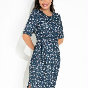 Vestido Floral Marinho com Fenda