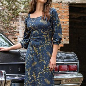 Vestido Floral Marinho com Fendas