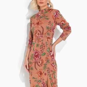 Vestido Floral Marrom com Gola e Mangas Longas