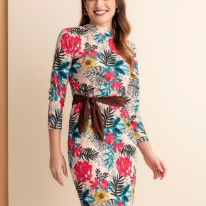 Vestido Floral Nude com Faixa