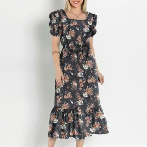 Vestido Floral Preto com Babado