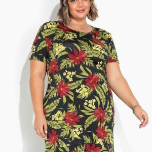 Vestido Floral Preto com Babado Plus Size