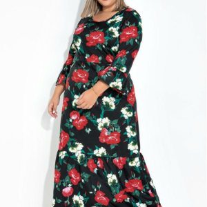 Vestido Floral Preto com Babados Plus Size