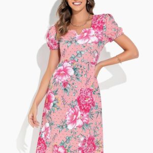 Vestido Floral Rosa com Decote V