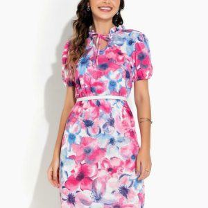 Vestido Floral Rosa com Gola