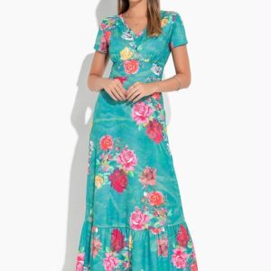 Vestido Floral Verde Longo