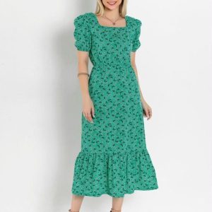 Vestido Floral Verde com Babado