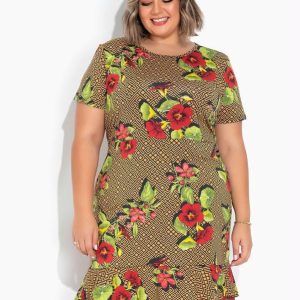 Vestido Floral e Geométrico com Babado Plus Size