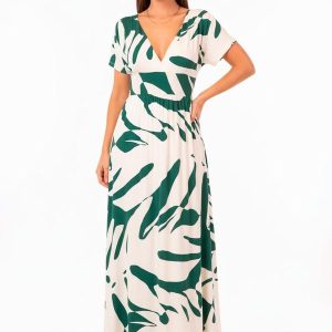 Vestido Folhagem Verde em Malha de Viscose
