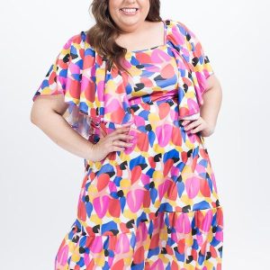 Vestido Geométrico Colorido em Jersey Acetinado