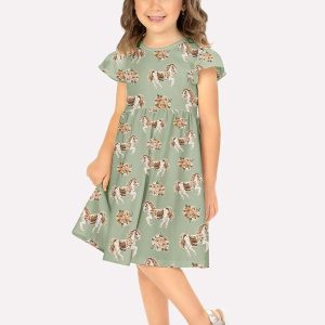 Vestido Infantil Menina Cavalinhos Verde