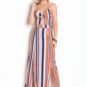 Vestido Listrado com Laço no Decote e Fendas