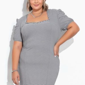 Vestido Listras em Malha Jacquard Plus Size