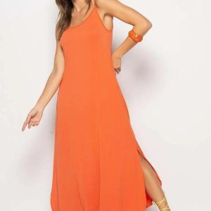 Vestido Longo Alcinha com Barra Arredondada e Bolsos Laranja