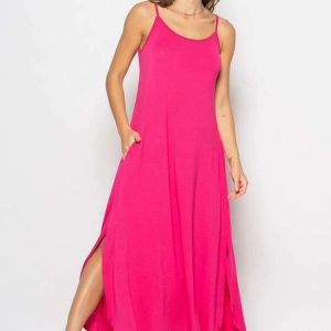 Vestido Longo Alcinha com Barra Arredondada e Bolsos Rosa