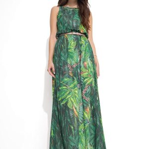 Vestido Longo Decote Redondo Folhagem
