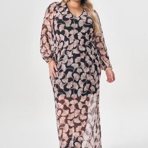 Vestido Longo Estampado de Manga Longa Preto
