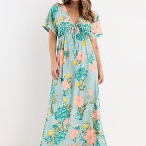 Vestido Longo Floral Verde com Decote Profundo