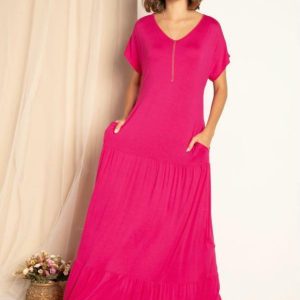 Vestido Longo Pink com Recortes em Camadas