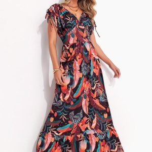 Vestido Longo Tropical Preto com Amarrações