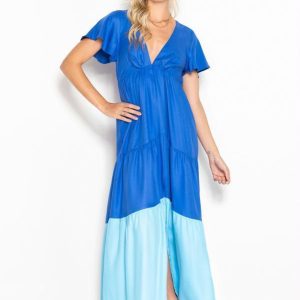 Vestido Longo de Viscose Bicolor Azul