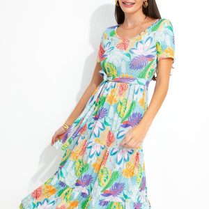 Vestido Longuete em CamadasTropical Amarelo/Azul
