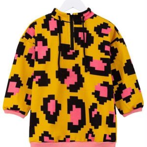Vestido Manga Longa de Moletom Onça Pixel Amarelo