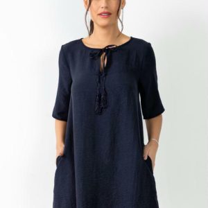 Vestido Marinho em Tecido Plano com Amarração