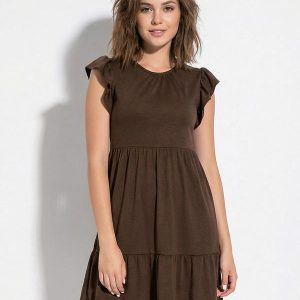 Vestido Marrom com Manga em Babado