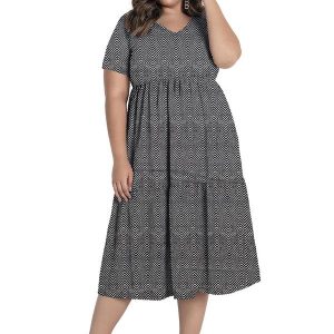 Vestido Midi Chevron Preto com Babados Plus Size
