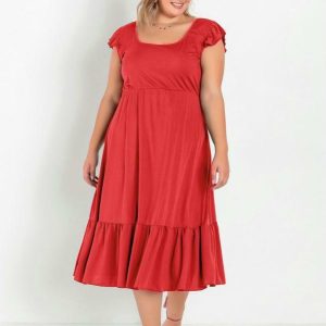 Vestido Midi Laranja com Franzidos Plus Size