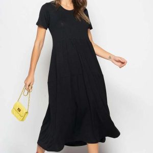 Vestido Midi Manga Curta com Babado Preto