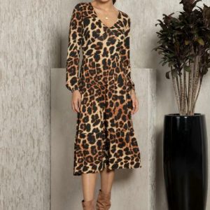 Vestido Midi de Onça com Mangas Bufantes