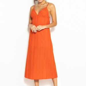 Vestido Midi de Viscose Bordado Laranja