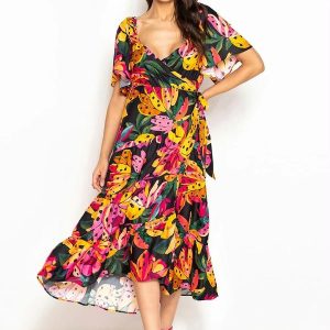 Vestido Midi de Viscose Flor de Banana Preto