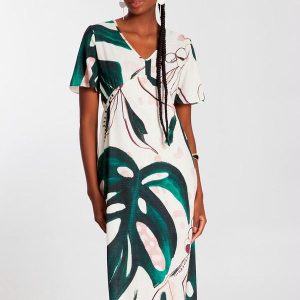 Vestido Midi em Viscose com Manga Flare Off White