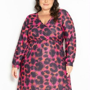Vestido Onça Malha Crepe Transpassado Plus Size